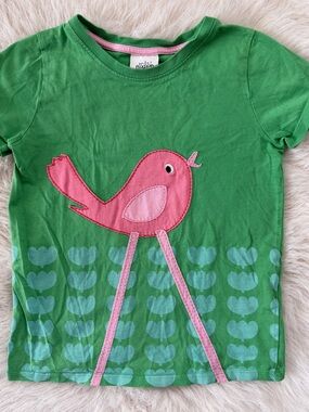 Mini Boden - Green Short Sleeve Tee with Pink Bird Applique Girls Size 7-8